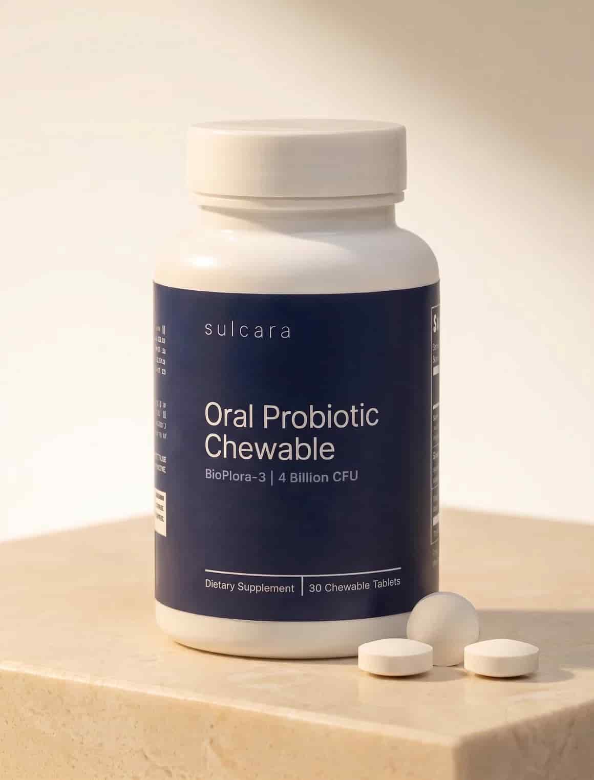 Sulcara Oral Probiotic Chewable bottle with three tablets on a stone surface.