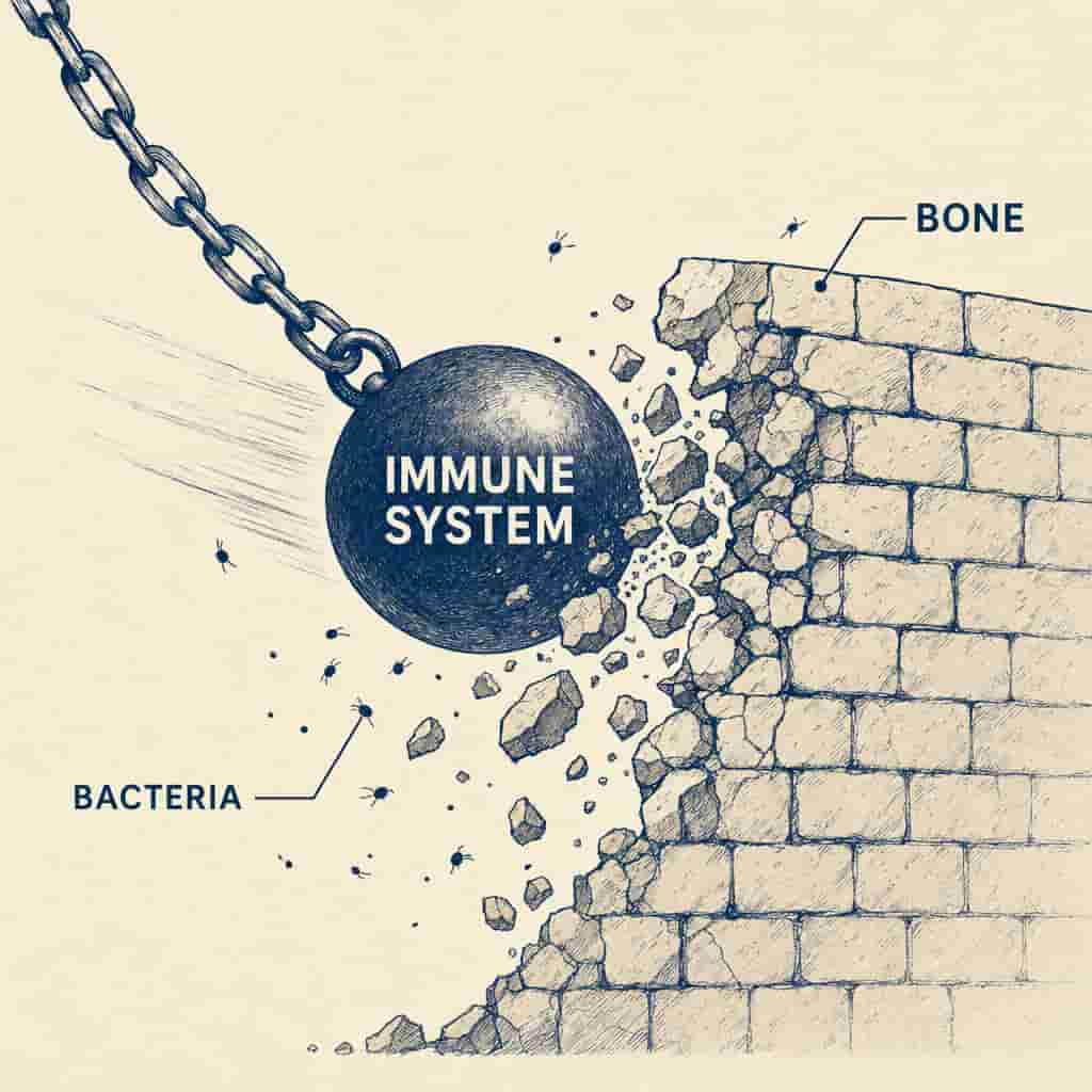 Hand-drawn illustration: an 'IMMUNE SYSTEM' wrecking ball smashing into a brick wall labeled 'BONE,' with bacteria scattering in the rubble.